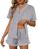 Ekouaer Pajamas Set for Women Short Sleeve Sleepwear Button Down Pjs Lounge Sets Soft Nightwear Deep Gray Medium