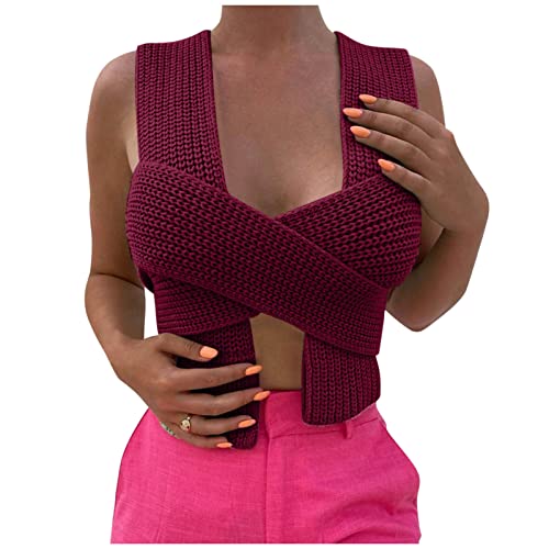Image of JUMISEE Women's Sexy Wrap Around Strappy Crop Top Knit Multi Wear Sweater Tank Tops Sleeveless Bandage Vest