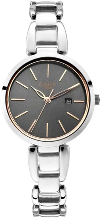 Titan Raga Viva Quartz Analog with Date Dark Grey Dial Silver Metal Strap Watch for Women - NT2642SM01