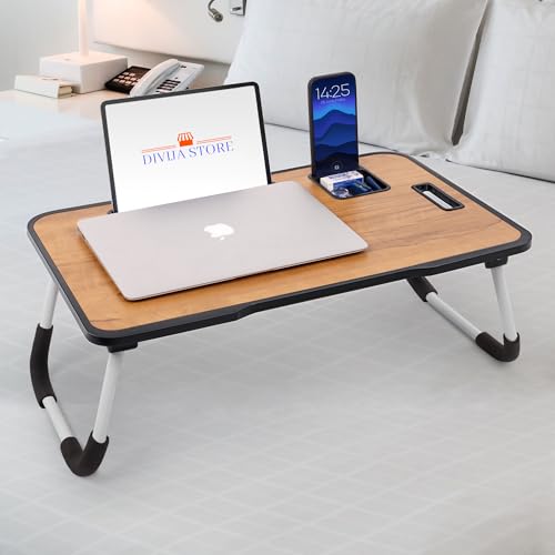 DIVIJA STORE Foldable Wooden Mini Laptop Table for Bed, Study Table with Drawer, Tablet/Mobile Holder for Kids & Adults (New Wood), 59 cm, 8 cm