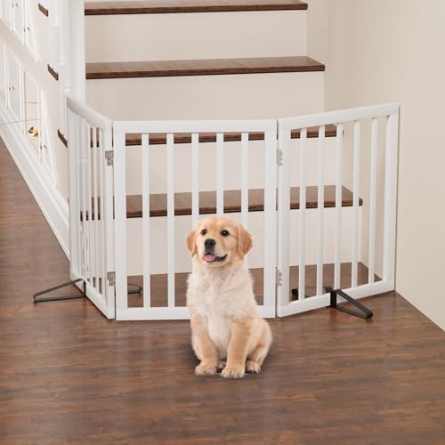 Dog Gate, Bamboo Freestanding Dog Gates for Doorways, Foldable Dog Gate Indoor, Pet Gates for Doorways Bedroom, Puppy Gate with Metal Support Feet, Room Divider 3 Panels (White) — view 4