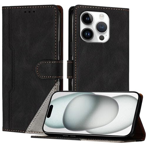 Étui portefeuille iPhone 16 Plus noir avec rabat magnétique et fentes cartes