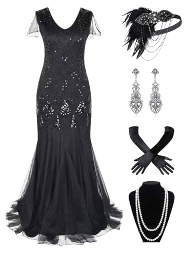Image of 869A - Plus Size 1920s Vintage Fringed Gatsby Sequin Dimand Tassels Flapper Party Cocktail Dress with Accessories