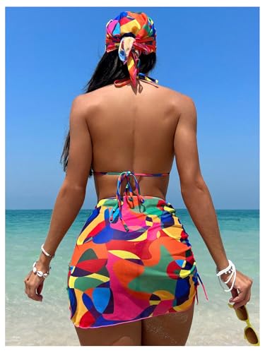Image of RoseSeek Women's 4 Piece Polka Dots Bathing Suits Cover Up Skirt & Bandana | Halter Bikini Sets, Sexy Bathing Suit, Beach Skirt, Leopard, Paisley, Tropical, Summer