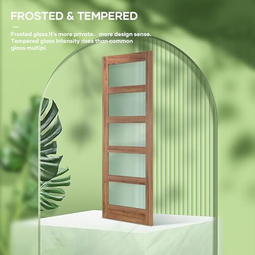 Image of FREDBECK 30 x 84 inch Glass Barn Door with 5.5FT Barn Door Hardware Kit & Handle Included,5-Panel Frosted Glass,Wood Panel,Water-Proof Surface,Pre-Drilled Holes,Need Assembly