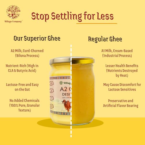 Village Company A2 Cow Desi Ghee 1000ML | Gir Ghee Vedic Bilona Method | Organic Pure Natural | Two Way Curd Churned - Best Farm Fresh Grass Fed Cattle Milk | India Lab Certified | Glass Jar One Litre