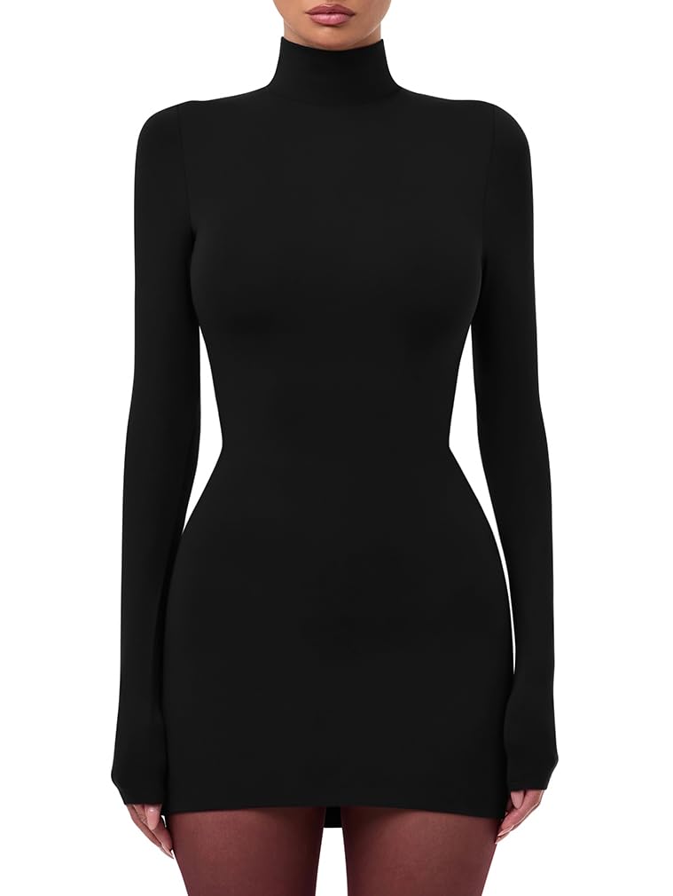 LAGSHIAN Womens Sexy Basic High Neck Long Sleeve Bodycon Club Party Mini Dress