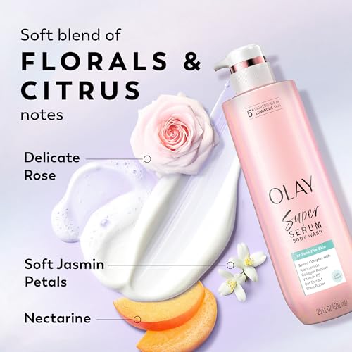 Image of Olay Super Serum Body Wash for Sensitive Skin, 24hr Long Lasting Rich Hydration, 5+ Ingredient Complex for Bright, Even, Firm & Luminous Skin, with Collagen Peptide, Vitamin B5 & Shea Butter, 20 fl oz