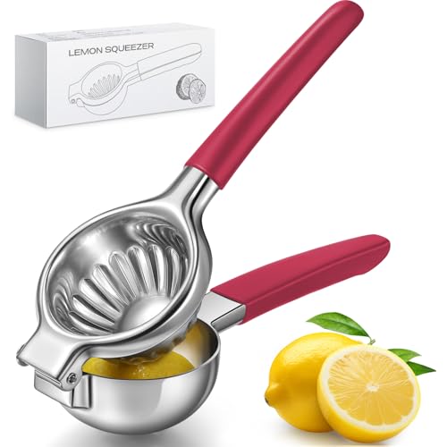 Lemon Squeezer, Sopito Stainless Steel Citrus Press Juicer Heavy Duty with Large Metal Squeezer Bowl for Seedless Juicing, Non-Slip Grip Design Manual Juicer, Red