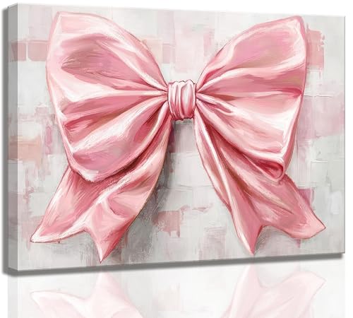 Image of Pink Bow Canvas Wall Art Trendy Cute Preppy Watercolor Bow Painting Pictures Wall Decor Posters Prints Girly Aesthetic for College Apartment Bedroom Decoration