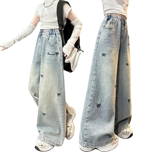 Tween Girls Baggy Jeans Bow Embroidered Loose Wide Leg Jeans with Pockets, Casual Denim Pants for Girls