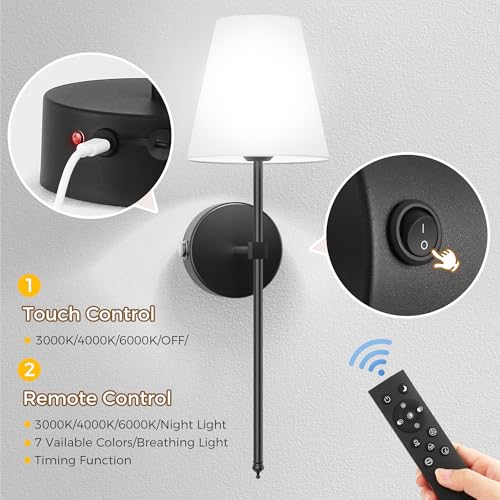 Image of DORESshop Battery Operated Wall Sconce Set of Two, 10000mah Black Rechargeable Wall Sconce with Remote Control, 9 Colors Indoor Wireless Wall Lights for Bedroom Living Room Hallway, Dimmable