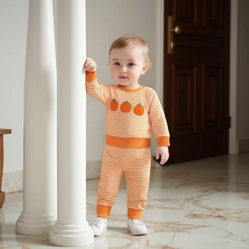 Toddler Baby Boy Girl Halloween Outfit Fall Winter Clothes Waffle Striped Pumpkin Sweatshirt + Jogger Pant Set2