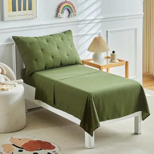 Image of DuShow 4 Pieces Toddler Bedding Set,Embroidery Crib Comforter Set for Boys Includes Toddler Bed Comforter,Fitted Sheet,Flat Sheet and Envelope Pillowcase,Soft Toddler Bed Sheet Set-Olive Green