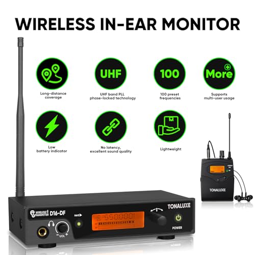 Image of Wireless in Ear Monitor System, PRO UHF IEM System Mono with Metal Rack Mountable Transmitter, 1 Bodypack Receiver with Earphone, 100 Adjustable Frequencies, 262ft Operation for Singers Bands