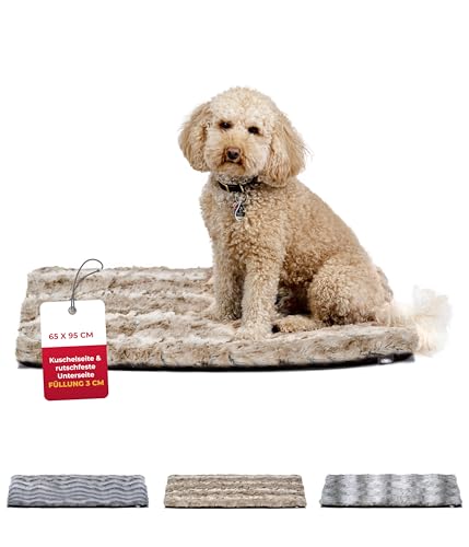 HS-Hundebett® Hundedecke Exklusiv mit Füllung und Anti-Rutsch M (65x95 cm) – Gepolstert & Waschbar – Gemütliche Hunde Kuscheldecke – Sand, Made in DE