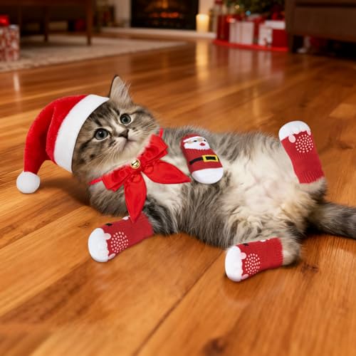 MELLIEX 3 Stück Katzen Hunde Weihnachtskostüm, Hundekostüm Katzenkostüm Weihnachten mit Weihnachtsmützen Verstellbare Rote Fliege Haustiersocken für Katzen und Kleine Hunde