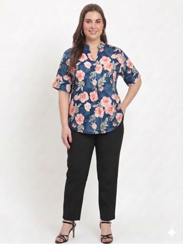 Image of SINDOORI Relaxed Fit Tops for Women Plus Size Solid Printed Mandarin Collar, Band Collar, V-Neck Top, Half Sleeve Loose Fit
