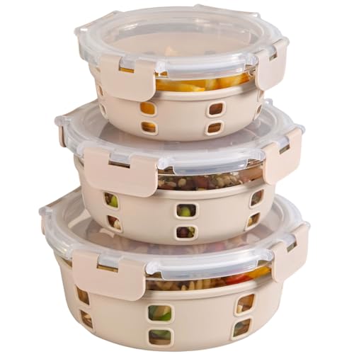 Image of Nestasia Gripso Glass Containers Set of 3 (400ml, 600ml, 950ml) with Silicone Sleeve & Locking Lid, Microwave, Dishwasher & Freezer Safe Round Food Storage Containers (Beige)
