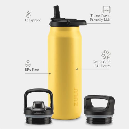 Image of ZULU Base 40oz Stainless Steel Water Bottle with 3 Lids- Straw, Chug, Twist | Double Walled and Vacuum Insulated Metal Thermos | For Gym, Outdoor | Built in Carry Loop, Dishwasher Safe, Vitamin C