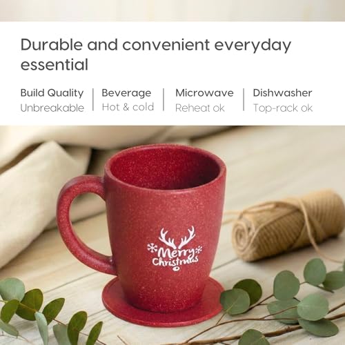 Image of Eha Earth-Friendly Christmas Gifts for Friends and Family | Secret Santa Gifts | Made with Rice Husk | Printed Christmas Mug and Coasters Set of 2, Keychain & Loopac Box | 300 ml | Coral