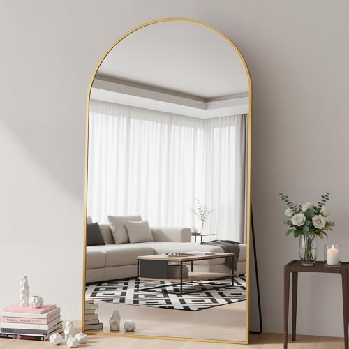 Image of Full Length Mirror, 82 inchx44 inch Arched Floor Mirror Freestanding, Floor Standing Full Body Mirror with Stand for Bedroom, Hanging Mounted for Living Room Cloakroom, Gold
