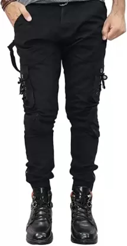 Men's Black Cargo Jogger Pants, Slim Fit, Side Pockets with Drawstrings-image-22