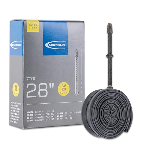 Schwalbe Fahrradschlauch Nr. 20 Extra Light – Rennrad Schlauch 28 Zoll / 700C (ETRTO 18/25-622/630) – SV-Ventil in 40–80 mm – Ultraleicht & zuverlässig – Butylschlauch für Rennrad