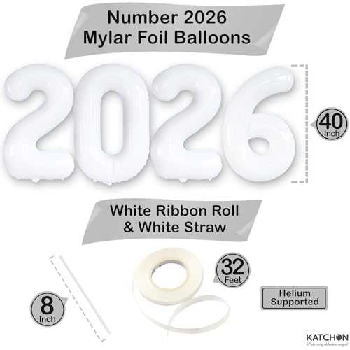 Image of White 2026 Balloons 42 Inch, Giant - White Graduation Decorations 2026, Foil Number 2026 Graduation Balloons Class of 2026 Decorations | Graduation Party Decorations | Prom Decorations 2026, Katchon