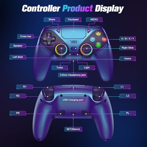 Image of Dinosoo RGB Wireless Controller for PS5 /PC - Bluetooth Gamepad with Turbo, Macro, Dual Vibration, 6-Axis Motion, 3.5mm Audio Jack & 1000mAh Battery