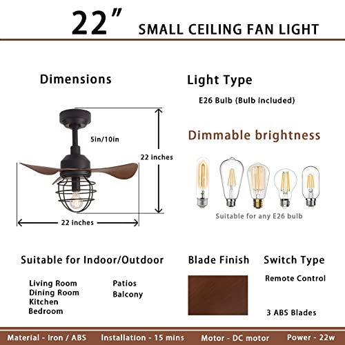 Gesum Ceiling Fan With Lights, 22 Lnch Farmhouse Small Ceiling Fan With Dimmble Bulb,Rustic Low Profile Ceiling Fan With 3 Reversible Blades, 6 Speeds For Indoor And Outdoor (Bulb Included) #TOP3
