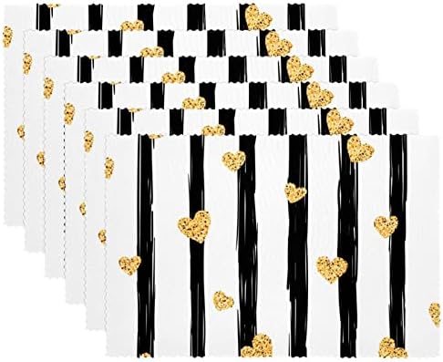 Placemats Set of 4, Dining Table Placemat, Washable Place Mats, Heart Black and White Stripes Modern
