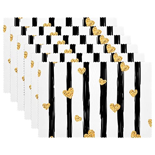 Placemats Set Of 4, Dining Table Placemat, Washable Place Mats, Heart Black And White Stripes Modern #TOP22