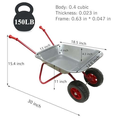 3T GROUP Kids Wheelbarrow Set,Toddler Children All Metal Wheelbarrow Toy for Kids Garden Tool Wheel Barrow Sowing,Digging Sand,Sweeping Leaves,Shoveling Snow(Silver)
