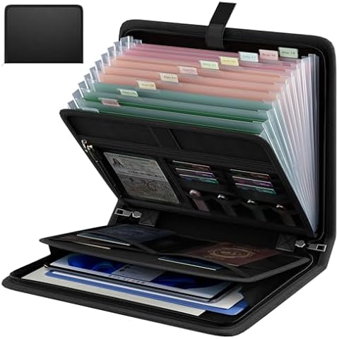 Huolewa Fireproof Accordion File Organizer, Portable Expanding File Folder with Waterproof Zipper&Labels, Black Document Organizer with 13 Pockets, File Organizer for Important Document/Paper Storage Cover