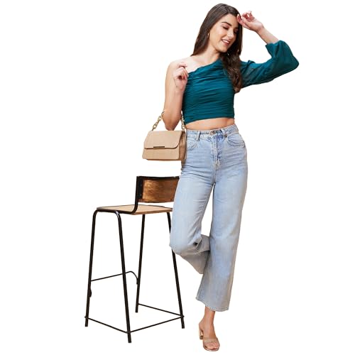 Image of Globus Women Green Solid One Shoulder Pleated Party Crop Top-3638515002