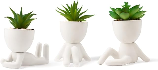 LUNIER Set Of 3 Human-Shaped Ceramic Plant Pots With Artificial Succulent Plants  Cute Room Decorative Faux Flora Pot & Fake Plants For Home Décor, Office Desk, Windowsill & Mantel