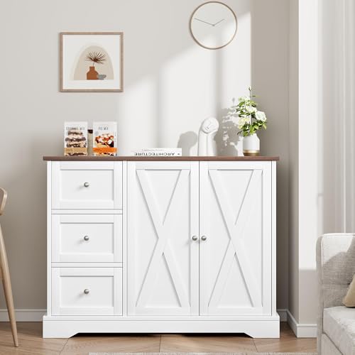 GarveeHome Buffet Cabinet with Storage, Farmhouse Kitchen Cabinet with 3 Drawers and 2 Doors for Kitchen, Dining Living Room, White