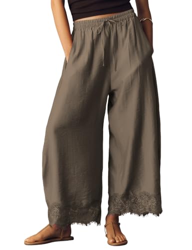 Tomosc Cropped Lace Hem Wid Leg Pants for Women Summer High Waist Drawstring Balloon Lightweight Beach Trousers with Pockets (38-Darkbrown-XS)