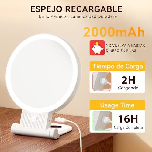 Miniatura 7 de Auxmir Espejo Maquillaje Con Luz, 30x 1x Aumento De Doble Cara, Espejo 72 Leds 3 Colores De Luz, 2000 Mah Con Usb Pinza, Colgar Pared Brillo Regulable Para Bolso Viajes, Blanco