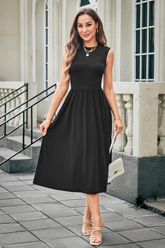 Image of Newshows Women 2025 Work Dress Sleeveless Crew Neck Office Business Casual Outfits Midi Elegant Dresses with Pockets