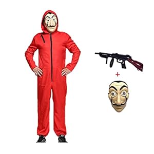 Anxicer Halloween Kostüm Bankräuber Overall für Karneval Dieb Kostüm Overall Rot Langarm Strampler mit Kapuze,Cosplay Set Maske Und Maschinengewehr Fasching Kostüm