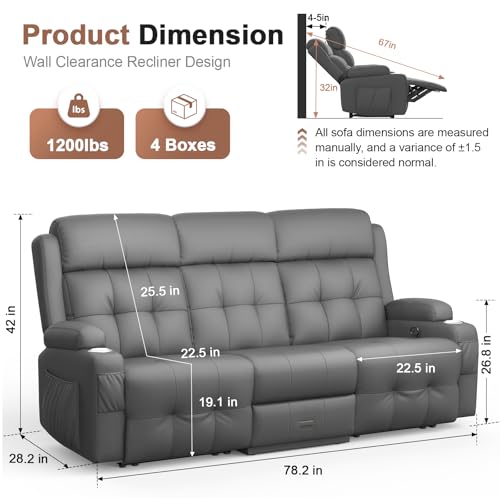 Recliner Sofa, 78.2" PU Leather Reclining Couch Loveseat with Flip Middle Backrest & Drawers - 3 Seat Home Theater Seating, Massage - Lumbar Support for Family Living Room & RV