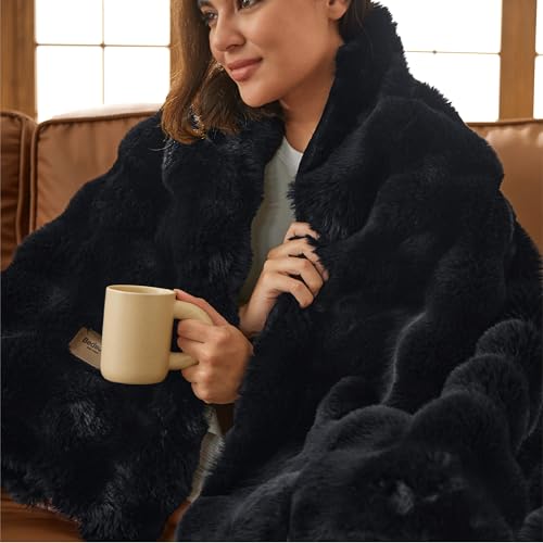 Image of Bedsure GentleSoft Fluffy Fuzzy Black Throw Blanket for Bed, Soft Cozy Fleece Faux Fur Blanket for Couch, Black Room Decor Sofa Cover, Thick Warm Plush Bedding Cozy Gifts for Women Men