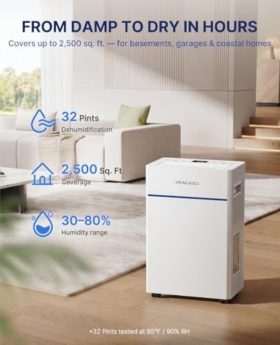 Image of VEAGASO 2500 Sq.Ft. Dehumidifier for Basement with Drain Hose, 32 Pints Dehumidifiers for Home, Bedroom, Garage, 38dB Sleep Mode, Auto-Defrost, 3 Modes, 24H Timer