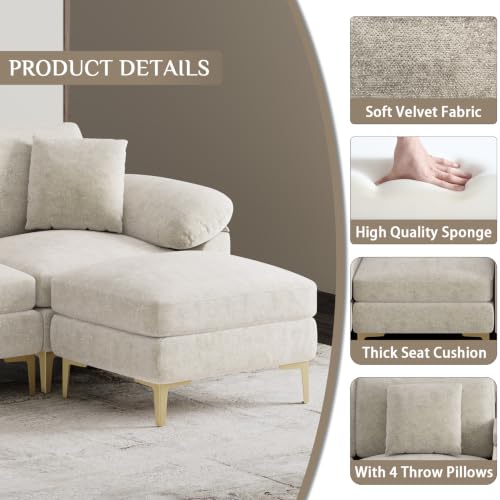 Image of OUYESSIR U-Shaped Sectional Sofa Couch, 4 Seat Sofa Set for Living Room, Convertible U-Shaped Chenille Couch Set with USB Port Central Console Ottoman,128 inches (Beige White)