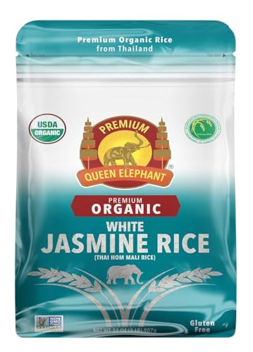 Queen Elephant Premium Organic White Jasmine Rice 2lbs Bag | Product of Thailand | USDA Certified Organic, Non-GMO, Kosher, Vegan & Gluten Free
