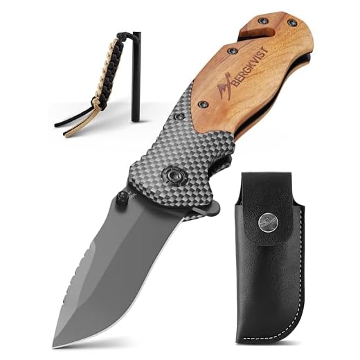 BERGKVIST® K19 coltello pieghevole con lama in acciaio inox e manico in legno - coltellino tascabile 3 in 1 con rompivetro e tagliacinture