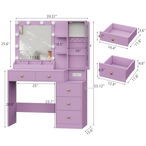 Image of HUANLEGO Vanity Desk with Mirror and Lights, Purple Makeup Vanity Set with 5 Drawers, Jewelry Organizer& LED Glass Cabinet, 3 Light Mode Dressing Table for Girls, Vanities Mirror with Lights Desk