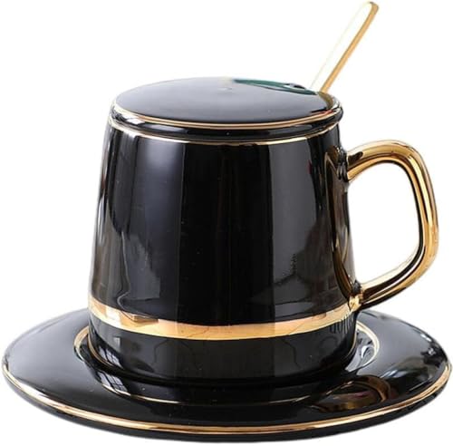 AOBOPOおしゃれな北欧風磁器コーヒーカップセット プノンペンデザイン 蓋付き + ソーサー + スプーン付き ミルクカップ・マグカップ・コーヒーマグ・ティーカップ兼用 クリエイティブ雰囲気演出 朝食用・オフィス用・家庭用に最適